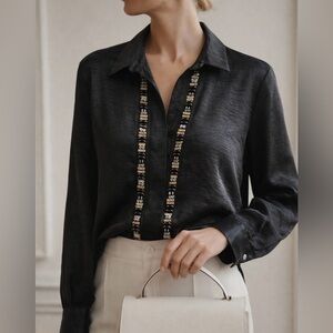 Eureka by Christos Garkinos Black Rhinestone Embellished Blouse L
